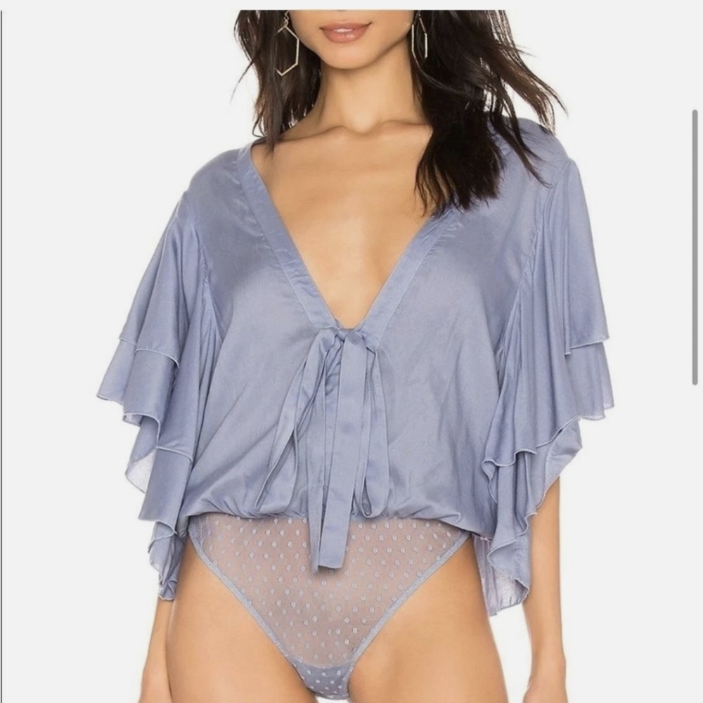 Intimately Free People Call Me Later Blue Ruffle Bodysuit Sz M